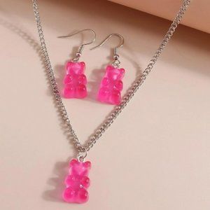 Silver Colored Pink Gummy Bears Earrings & Necklace Set